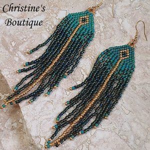 Handmade green seed bead earrings, miyuki glass beads, handstitched, ship 4.99